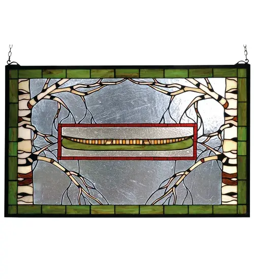 Bare branched Tan and White Birch trees frame a Meadow green canoe with Wheat Beige interior. The frame and inset frame are bordered in a Rust streaked Meadow Green and the background glass is an icy Clear. The Meyda Tiffany Original window is framed in solid brass and has brass mounting bracket and chains included.