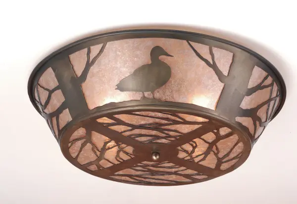 THE MAJESTIC NORTH WOODS DUCK ADORNS THIS RUSTIC FLUSH MOUNT CEILING FIXTURE. HAND MADE IN THE USA, MEYDA TIFFANY CRAFTSMAN HAVE FINISHED THIS FIXTURE IN ANTIQUE COPPER. CROSSBAR AND HARDWARE FOR MOUNTING INCLUDED. AUTUM ASPIN SILVER ANTIQUE COPPER Collection: Northwoods Duck Finish: Antique Copper Glass: Silver Mica Width: 22.00" Height: 8.00" Length: 22.00" Weight: 9.00 lb Number of Bulbs: 4 Maximum Wattage: 60.00 W Bulb Type: A19 Bulb Base: E26 Material: Steel Country of Origin: USA Safety Listing: Dry Safety Rating: Dry