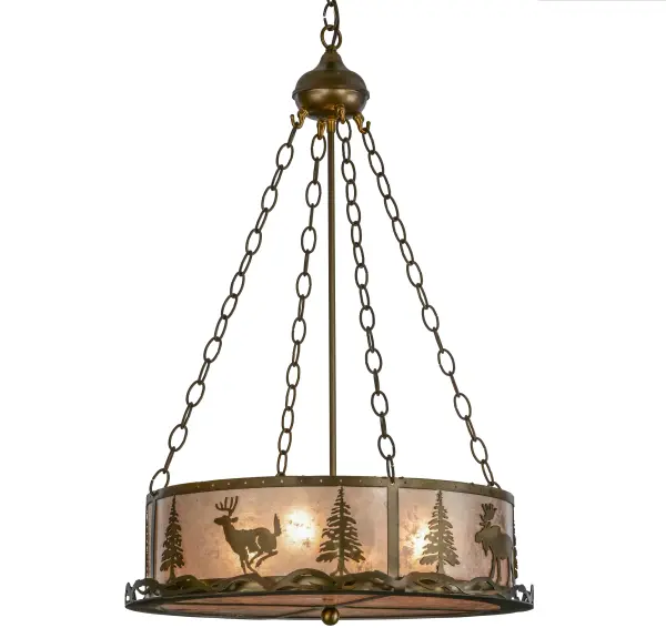 The call of the wild comes to light with a Deer; Elk; Moose and Bear roaming through the woodlands as the afternoon sun sets in the background; Beautiful ambient light shines through a Silver Mica lens and diffuser while the shade is enhanced with accents and hardware finished in Antique Copper. Custom crafted by Meyda expert artisans in its manufacturing facility; at the foothills of New York's glorious Adirondack Mountains.