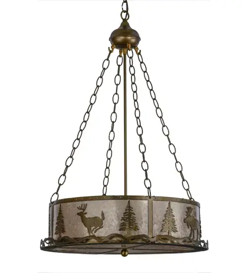 The call of the wild comes to light with a Deer; Elk; Moose and Bear roaming through the woodlands as the afternoon sun sets in the background; Beautiful ambient light shines through a Silver Mica lens and diffuser while the shade is enhanced with accents and hardware finished in Antique Copper. Custom crafted by Meyda expert artisans in its manufacturing facility; at the foothills of New York's glorious Adirondack Mountains. - alternate view