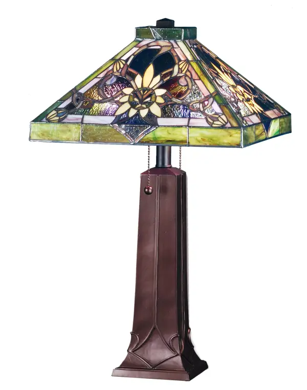 Reminiscent of Provence; this Golden sunflower and budding vines set atop a sky of Aubergine Granite colored glass. This lovely shade is bordered in Moss Green and is paired with a delicately ornamented Mahogany Bronze hand finished base.