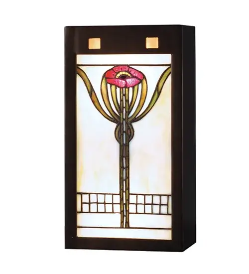 AN ARTS AND CRAFTS INSPIRED BUNGALOW RED POPPY WITH MOSS GREEN LEAVES ADORN A CORNERSTONE BEIGE GLASS PANEL SET IN A MAHOGANY BRONZE HAND FINISHED WALL SCONCE. THIS DELIGHT IS AN AMERICAN STYLED WORK OF ART READY TO COMPLIMENT YOUR HOME. Collection: Parker Poppy Finish: Mahogany Bronze Glass: Ruby,Beige Width: 7.13" Height: 13.13" Length: 4.00" Weight: 5.50 lb Extension from Wall: 4.00" Number of Bulbs: 2 Maximum Wattage: 60.00 W Bulb Type: A19 Bulb Base: E26 Material: Steel Country of Origin: CHINA Safety Listing: Dry Safety Rating: Damp