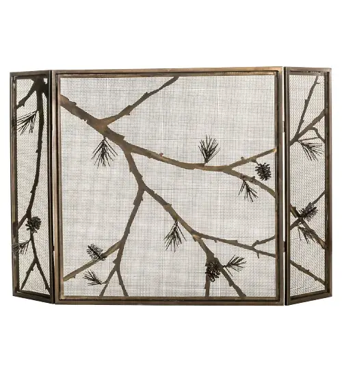 This nature inspired firescreen features stunning Hand Sculpted Pine Branches with Pine Needles and Pinecones.All decorative accents and hardware are featured in a warm Antique Copper finish. The firescreen; which is designed with two folding side panels; can be used to accentuate a working fireplace. Lone Pine is handcrafted by Meyda artisans in the USA; at the foothills of the Adirondack Mountains. Custom sizes; styles and colors are available.