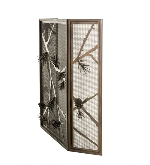 This nature inspired firescreen features stunning Hand Sculpted Pine Branches with Pine Needles and Pinecones.All decorative accents and hardware are featured in a warm Antique Copper finish. The firescreen; which is designed with two folding side panels; can be used to accentuate a working fireplace. Lone Pine is handcrafted by Meyda artisans in the USA; at the foothills of the Adirondack Mountains. Custom sizes; styles and colors are available. - alternate view