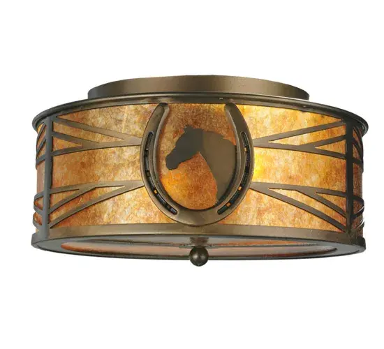 A horse portrait framed with a lucky horseshoe encircles this handsome ceiling fixture. Beautiful ambient light projects through stunning Amber Mica accented by a geometric design styled after fencing commonly found at horse stables. Decorative hardware, frame and accents are enhanced in an Antique Copper finish. Perfect for game rooms, man caves and equestrian centers, as well as other residential and commercial spaces. Handcrafted by highly skilled artisans in the USA. Custom sizes, styles and colors are available. Energy efficient lamping options such as LED are offered. This 16-inch wide fixture is UL and cUL listed for damp and dry locations. Collection: Horseshoe Finish: Antique Copper Glass: Amber Mica Notes: Custom Crafted In Yorkville, New York Please Allow 30 Days Width: 16.00" Height: 8.50" Length: 16.00" Weight: 8.50 lb Number of Bulbs: 2 Maximum Wattage: 60.00 W Bulb Type: A19 Bulb Base: E26 Material: Steel Country of Origin: USA Safety Listing: Damp Safety Rating: Damp