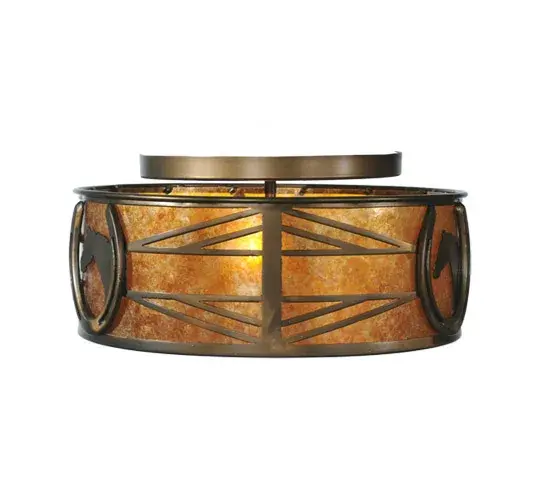 A horse portrait framed with a lucky horseshoe encircles this handsome ceiling fixture. Beautiful ambient light projects through stunning Amber Mica accented by a geometric design styled after fencing commonly found at horse stables. Decorative hardware, frame and accents are enhanced in an Antique Copper finish. Perfect for game rooms, man caves and equestrian centers, as well as other residential and commercial spaces. Handcrafted by highly skilled artisans in the USA. Custom sizes, styles and colors are available. Energy efficient lamping options such as LED are offered. This 16-inch wide fixture is UL and cUL listed for damp and dry locations. Collection: Horseshoe Finish: Antique Copper Glass: Amber Mica Notes: Custom Crafted In Yorkville, New York Please Allow 30 Days Width: 16.00" Height: 8.50" Length: 16.00" Weight: 8.50 lb Number of Bulbs: 2 Maximum Wattage: 60.00 W Bulb Type: A19 Bulb Base: E26 Material: Steel Country of Origin: USA Safety Listing: Damp Safety Rating: Damp - alternate view