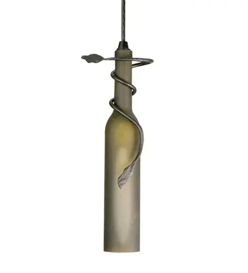 Capture the life of any party with authentic wine bottle lighting... so much fun that you may want to hang from this mini pendant; but don't. The fixture does so much more than deliver light; it adds personality and pizazz to any interior. Perfect for placing in groups over bars and islands in homes; restaurants; hotels; pubs; nightclubs; and wineries. Custom crafted with a Frosted Green Glass Wine Bottle; which is attached to sturdy hardware with metal vine-like accents featured in a Textured Black finish. The overall height ranges from 16 to 84 inches; as the cord can be adjusted in the field to meet your exact lighting requirements. The Tuscan Vineyard Frosted Green Wine Bottle Mini Pendant is included in our American-designed; handcrafted Wine Bottle Lighting Collection. UL and cUL listed for dry and damp locations.