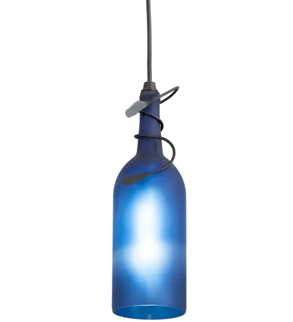 Capture the life of the party with the whimsical design of the Meyda Wine Bottle Mini Pendant. It is so much fun that you may want to hang from it; but don't! Liven up a restaurant; club; or home with a mini pendant that does so much more than deliver light; it adds personality and pizzazz. The Blue Frosted Glass Wine Bottle is enhanced with a Textured Black finish. Create a stunning design statement by placing a group of mini pendants across an island; table; counter; or bar in homes; restaurants; hotels; pubs; nightclubs; and wineries; this mini pendant will be appreciated for its fine detail and charm by connoisseurs. The overall height ranges from 15 to 80 inches; as the Black cord can be adjusted in the field to meet your exact lighting requirements. This rich-looking Tuscan Vineyard Frosted Blue Wine Bottle Mini Pendant is included in our American-made; American-designed; handcrafted Wine Bottle Lighting Collection. The fixture is manufactured in Yorkville; New York. UL and cUL listed for dry and damp locations. Please send us your favorite branded wine bottle; and Meyda will transform it into an everlasting personalized fixture of light. Contact us for more information on custom wine bottle lighting fixtures and lamps. You can also create custom lighting with beer bottles; mason jars; milk bottles; and other glass containers and vessels by contacting us!
