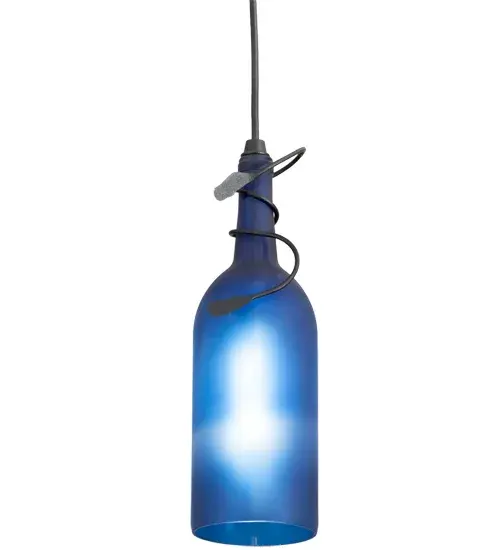Capture the life of the party with the whimsical design of the Meyda Wine Bottle Mini Pendant. It is so much fun that you may want to hang from it; but don't! Liven up a restaurant; club; or home with a mini pendant that does so much more than deliver light; it adds personality and pizzazz. The Blue Frosted Glass Wine Bottle is enhanced with a Textured Black finish. Create a stunning design statement by placing a group of mini pendants across an island; table; counter; or bar in homes; restaurants; hotels; pubs; nightclubs; and wineries; this mini pendant will be appreciated for its fine detail and charm by connoisseurs. The overall height ranges from 15 to 80 inches; as the Black cord can be adjusted in the field to meet your exact lighting requirements. This rich-looking Tuscan Vineyard Frosted Blue Wine Bottle Mini Pendant is included in our American-made; American-designed; handcrafted Wine Bottle Lighting Collection. The fixture is manufactured in Yorkville; New York. UL and cUL listed for dry and damp locations. Please send us your favorite branded wine bottle; and Meyda will transform it into an everlasting personalized fixture of light. Contact us for more information on custom wine bottle lighting fixtures and lamps. You can also create custom lighting with beer bottles; mason jars; milk bottles; and other glass containers and vessels by contacting us! - alternate view