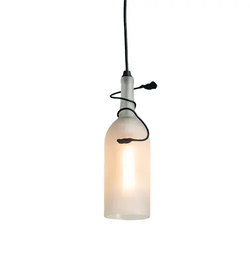 Capture the life of the party with the whimsical design of the Meyda Wine Bottle Mini Pendant. It's so much fun that you may want to hang from it; but don't! Liven up a restaurant; club; or home with a mini pendant that does so much more than deliver light; it adds personality and pizzazz. A Clear Frosted Glass Wine Bottle illuminates with standard lamping and is enhanced with a Textured Black finish. Create a stunning design statement by placing a group of mini pendants across an island; table; counter; or bar in homes; restaurants; hotels; pubs; nightclubs; and wineries; this mini pendant will be appreciated for its fine detail and charm by connoisseurs. The overall height ranges from 15 to 80 inches; as the Black cord can be adjusted in the field to meet your exact lighting requirements. This rich-looking Tuscan Vineyard Frosted White Wine Bottle Mini Pendant is included in our American-made; American-designed; handcrafted Wine Bottle Lighting Collection. The fixture is manufactured in Yorkville; New York. UL and cUL listed for dry and damp locations. Take your finest bottle of wine; and Meyda will transform it into an everlasting personalized fixture of light. Contact us for more information on custom wine bottle lighting fixtures and lamps. We can also create custom lighting with beer bottles; mason jars; milk bottles; and other glass containers and vessels. - alternate view