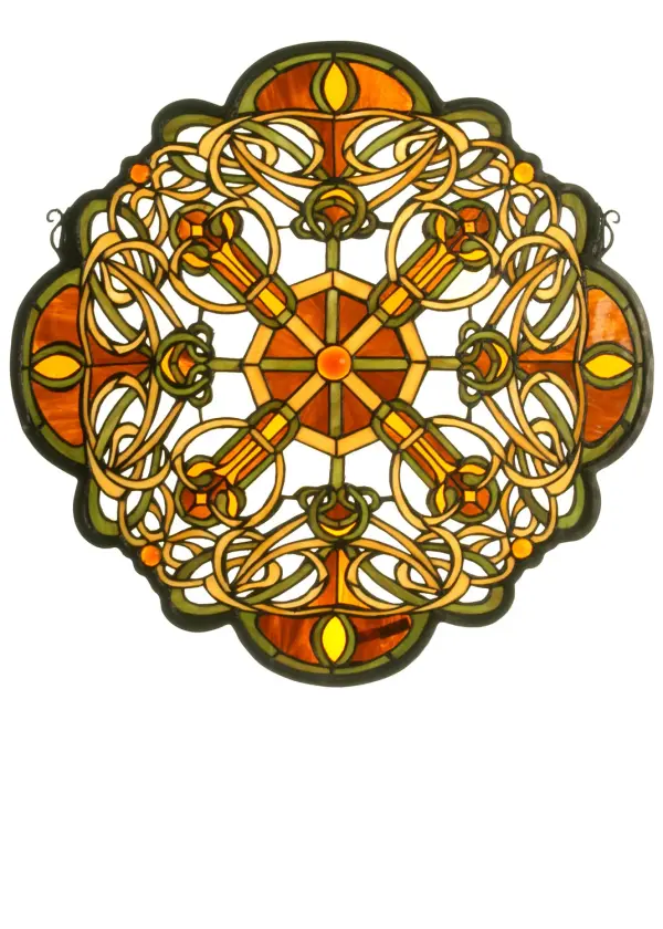 Scarlet jewels circle a handsome Celtic cross of Carnelian Red, Moss Green, and Honey interlaced knotwork. Handcrafted utilizing the famous Meyda Tiffany copper foil construction process and nearly 552 pieces of stained art glass encased in a solid brass frame. Mounting bracket and jack chain included. The Jeweled Celtic Cross Stained Glass Window is included in our American-designed, handcrafted Stained Glass Window Collection. Collection: Galway Medallion Finish: Haca Ha Amber Amber Glass: Ha59 Ca Ha 59 Xa Amber Notes: The Elegant Celtic Knot Pattern Of This Gaelic Moss Green And Heather Brown Glass Window. Width: 25.00" Height: 25.00" Length: 25.00" Weight: 9.00 lb Bulb Type: TBD Material: Brass Country of Origin: CHINA Safety Listing: Dry Safety Rating: Dry