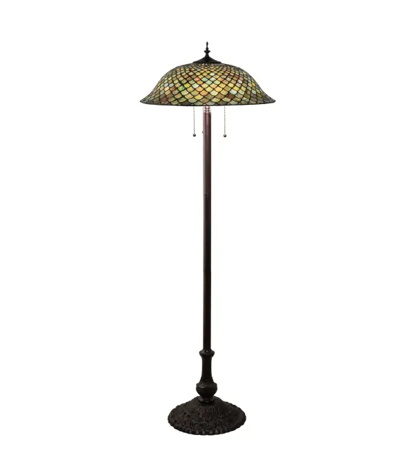 Every Meyda Tiffany item is a unique handcrafted work of art. Natural variations in the wide array of materials that we use to create each Meyda product make every item a masterpiece of its own. Photographs are a general representation of the product. Colors and designs will vary. Collection: Fishscale Finish: Mahogany Bronze Glass: Stained Glass Width: 20.00" Height: 62.00" Length: 20.00" Weight: 20.50 lb Number of Bulbs: 3 Maximum Wattage: 60.00 W Bulb Type: A19 Bulb Base: E26 Material: Zinc/Steel Country of Origin: CHINA Safety Listing: Damp Safety Rating: Dry