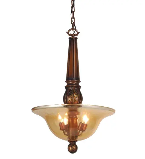 A return to traditional American hand carved elegance; this inverted pendant with fluted and leaf carved column and accents boasts a pale amber glass shade over candle arms. The Portsmouth Cherry finish with Gold Washed accents complete the New World ambience.