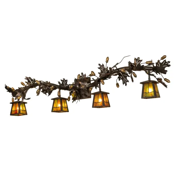 The Pine Branch Four Light Vanity is designed with needled pinebranch arms holding Bungalow lanterns of Rippled Green & Orange stained art glass; amongst artistically wrapped garlands of acorns & oak leaves. This handsomely unique; nature inspired vanity light/ wall sconce is crafted with a Timeless Bronze finish. Bring the charm of the forest indoors with this perfect complement to your camp; lodge or rustic space. Custom crafted by the skillful hands of Meyda Tiffany artisans in Yorkville; New York.
