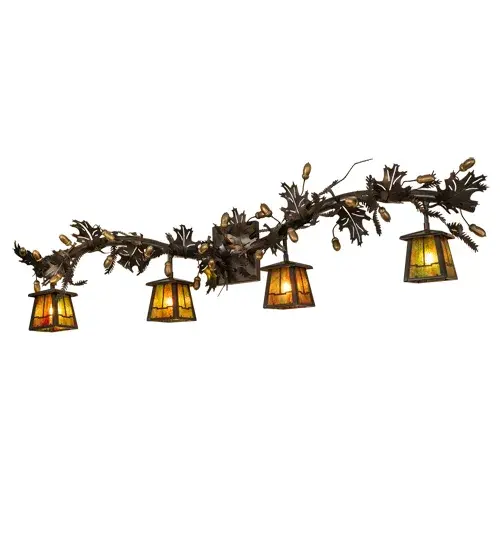 The Pine Branch Four Light Vanity is designed with needled pinebranch arms holding Bungalow lanterns of Rippled Green & Orange stained art glass; amongst artistically wrapped garlands of acorns & oak leaves. This handsomely unique; nature inspired vanity light/ wall sconce is crafted with a Timeless Bronze finish. Bring the charm of the forest indoors with this perfect complement to your camp; lodge or rustic space. Custom crafted by the skillful hands of Meyda Tiffany artisans in Yorkville; New York. - alternate view