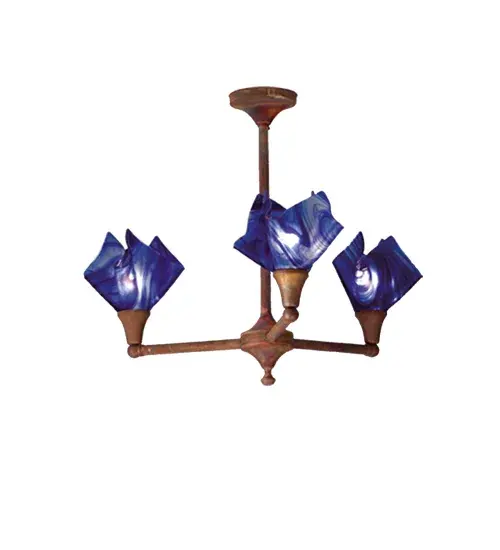 The stylish Metro three arm chandelier with handkerchief baroque art glass shades in a Cobalt Blue and Sugar toned Curacao Swirl finish with Vintage Copper finished hardware will punctuate your trendy urban lifestyle.