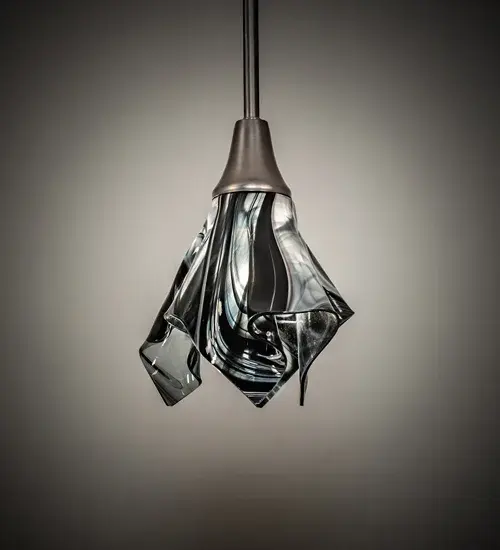 Add a fun lighting design to a home; restaurant; hotel; or retail location. Created with Noir Swirl Art glass and a striking abstract design; this Handkerchief-style mini pendant is high-fired to fall into a flowing; organic-shaped shade. Handmade by Meyda Craftsmen; the pendant is complemented with a Brushed Nickel finish. This compelling lighting design features Art Glass as a uniquely decorative mini pendant and is ideal for modern homes; restaurants; and those who appreciate a work of beauty. Ideal for installation in groups above bars; islands; counters; and dining tables in residential and hospitality locations from Palm Beach; Florida; to Austin; Texas; to Portland; Oregon; to create a dramatic design statement. The Handkerchief Noir Swirl Pendant is featured in our American-made; American-designed; handcrafted Handkerchief Glass Lighting Collection and manufactured in Yorkville; New York. UL and cUL listed for dry and damp locations. Each shade is a unique work of art with color variations based on natural ingredients inherent in the glass.