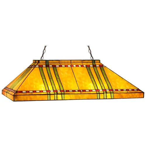 With their love of geometric forms; architects of the Prairie School interpret organic objects into simplified lines. The Meyda Tiffany Prairie Corn oblong pendant shade has rows of Chili Red and Wheat kernels and stalks of Bronzed Jade against a Maize Gold background. The stained glass shade is paired with simple Mission style chains and canopy in a Mahogany Bronze finish.