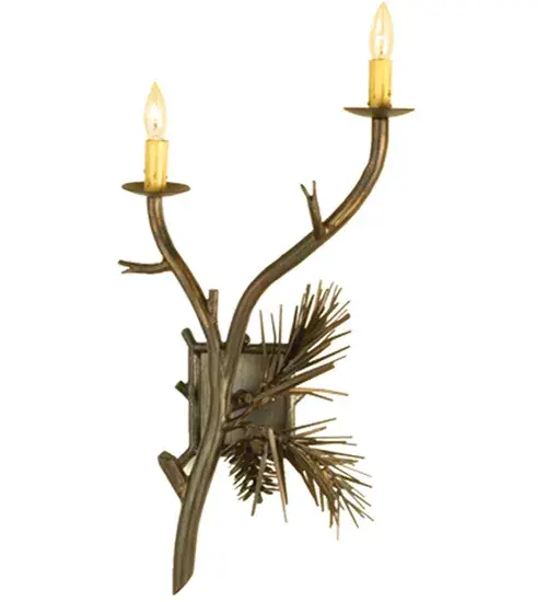 A Nature inspired lighting fixture that features Pinecone with Pine Needle and Pine Branch metal accents are complemented with two Ivory faux candlelights on smooth bobeches. This charming wall sconce is enhanced with an Antique Copper finish. The Lone Pine Wall Sconce is included in our American-made; American-designed; handcrafted Nature Inspired Lighting Collection. Manufactured in Yorkville; New York. UL and cUL listed for dry and damp locations.