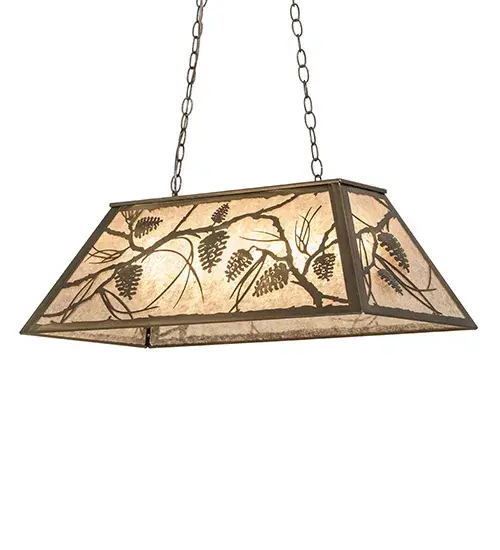Every Meyda Tiffany item is a unique handcrafted work of art. Natural variations in the wide array of materials that we use to create each Meyda product make every item a masterpiece of its own. Photographs are a general representation of the product. Colors and designs will vary. Collection: Whispering Pines Finish: Antique Copper Glass: Silver Mica Width: 17.00" Height: 18.00" Length: 33.00" Weight: 18.00 lb Number of Bulbs: 6 Maximum Wattage: 60.00 W Bulb Type: A19 Bulb Base: E26 Material: Steel Country of Origin: USA Safety Rating: Damp - alternate view