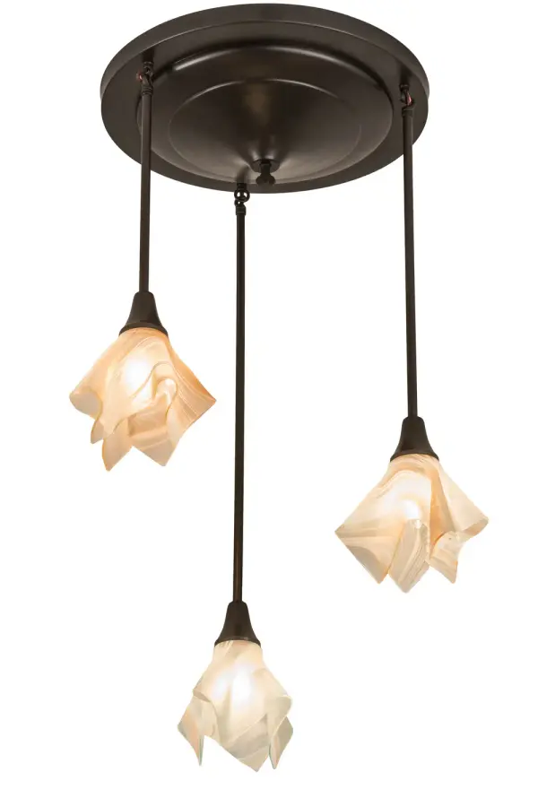 The urban chic Metro tiered three light shower with handkerchief baroque art glass shades in a Peach and Vanilla toned Blush Swirl finish with Craftsman Brown finished hardware will outshine the hot city lights. Collection: Metro Finish: Craftsman Brown Glass: Pbr Width: 24.00" Height: 36.00" Length: 24.00" Weight: 10.00 lb Number of Bulbs: 3 Maximum Wattage: 60.00 W Bulb Type: BA10 Bulb Base: E26 Material: Metal Country of Origin: USA Safety Listing: Damp Safety Rating: Damp