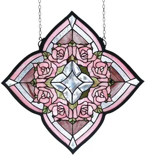 A Victorian inspired ring of Petal Pink roses are the centerpiece of this quatrefoil window created with 188 pieces of Pink; Tender Green and textured Clear stained glass with 13 Clear glass bevels. Handcrafted with stained art glass utilizing the copperfoil construction process; this beautiful Tiffany style window also comes with a solid brass hanging chain and brackets.