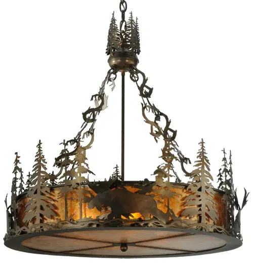 A Moose wanders through the tall pines around this circular pendant handcrafted in the USA by Meyda artisans. Suspended from hand crafted branch like chain links that hang from a pine tree adorned hub; this fixture is finished in Antique Copper and has Amber mica panels. - alternate view