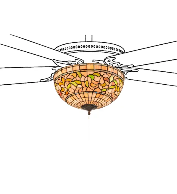 Subtle toned Autumn Gold; Russet and Moss Green leaves swirl against an Amber Mauve background in this Tiffany Studio stained glass reproduction. This stunning ceiling fan light fixture is enhanced with bands of Purple; Blue and Green and created using the famous Meyda Tiffany copperfoil construction process. The overall height ranges from 8 to 10 inches as the stem length can be easily adjusted in the field. UL and cUL listed for dry and damp locations. Fan not included. Every Meyda Tiffany item is a unique handcrafted work of art. Natural variations in the glass colors make every item a masterpiece of its own. UL and cUL listed for dry and damp locations.