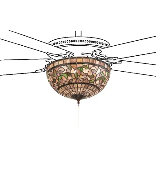 Subtle toned Autumn Gold; Russet and Moss Green leaves swirl against an Amber Mauve background in this Tiffany Studio stained glass reproduction. This stunning ceiling fan light fixture is enhanced with bands of Purple; Blue and Green and created using the famous Meyda Tiffany copperfoil construction process. The overall height ranges from 8 to 10 inches as the stem length can be easily adjusted in the field. UL and cUL listed for dry and damp locations. Fan not included. Every Meyda Tiffany item is a unique handcrafted work of art. Natural variations in the glass colors make every item a masterpiece of its own. UL and cUL listed for dry and damp locations. - alternate view