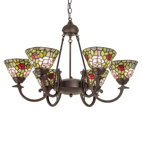 The most beloved of all flowers; the Rose; is beautifully represented in this Meyda Rosebush reproduction of a Tiffany Studio classic. Petal Pink; Romantic Red and Plum Passion art glass roses ramble on a maze of Garden Green leaves. These delicate stained glass shades are paired with a graceful; hand finished Mahogany Bronze six light chandelier fixture. The shades are created using the famous Meyda Tiffany copperfoil construction process. Overall height ranges from 25 to 60 inches as the chain can be adjusted in the field. The Rosebush Chandelier is featured in our American designed handcrafted Tiffany Lighting Collection. UL and cUL listed for dry and damp locations. - alternate view