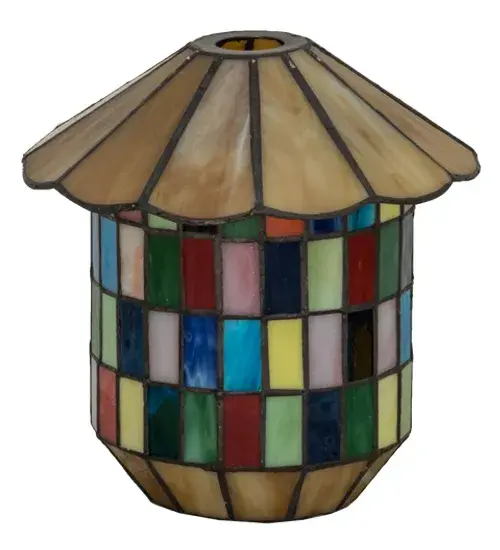 Meyda Co-Founder Meyer Cohen created this original lighting design on the front porch of his summer studio in Old Forge in Upstate New York. The Meyer Lantern was designed with a Honey art glass roof and bottom; with a cornucopia of Blues; Greens; Yellows; and Reds; in various stained glass tiles throughout the center. This decorative shade can be seen adorning camps and vacation homes throughout the Adirondack Mountains and is created using the famous Meyda Tiffany copperfoil construction technique; It pairs well with hardware to create mini pendants and wall fixtures. The Meyer Lantern Shade is included in our American-designed; handcrafted Meyer Lantern Collection. No two art glass shades will be the same; their individuality can be as remarkably unique as their personality. - alternate view