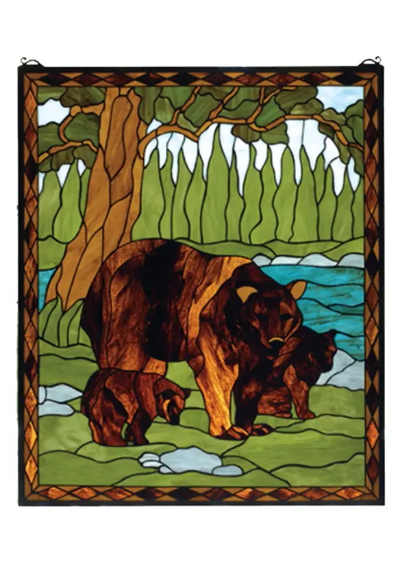 Next to a sparkling Turquoise river winding through rolling Green meadows with a stand of Pine Green trees, a mother Brown bear with her cubs play. This picturesque scene is handcrafted of a beautiful selection of stained art glass. The Meyda Tiffany Original window is framed in a rustic Bark and Leather Brown diamond border. Brass mounting bracket and chains are included Collection: Brown Bear Finish: Green Lt. Xag Green Glass: Ka Lt/ Xag Ka Width: 25.00" Height: 30.00" Length: 25.00" Weight: 8.00 lb Bulb Type: TBD Material: Metal Or Polyresin Country of Origin: CHINA Safety Listing: Dry Safety Rating: Dry