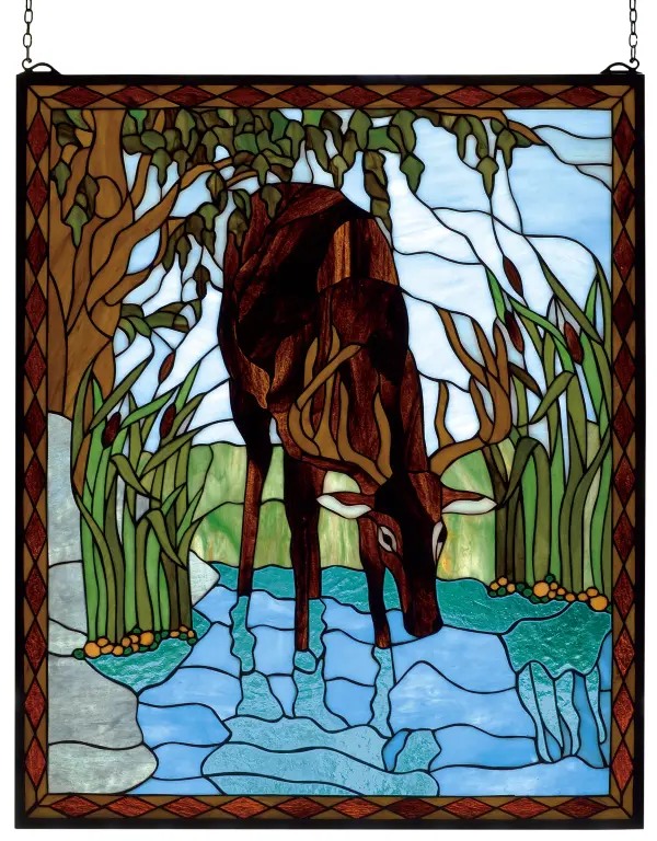 In a sparkling Turquoise river winding through Marsh Green field with cattails a Brown buck dips his head for a drink. This picturesque scene is handcrafted of a beautiful selection of stained art glass. The Meyda Tiffany Original window is framed in a rustic Bark and Leather Brown diamond border. Brass mounting bracket and chains are included