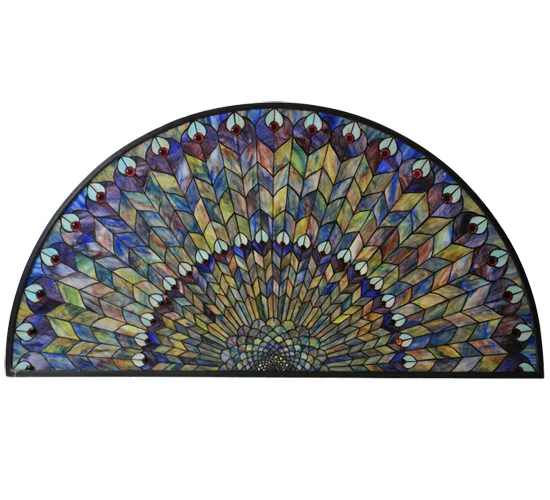56" Wide X 28.5" High Tiffany Jeweled Peacock Stained Glass Window