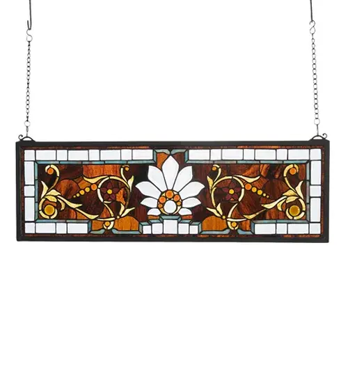 In the Tiffany tradition; 45 pieces of Clear beveled glass and 27 Amber glass jewels are combined with Bronze and Sky Blue stained art glass to create this beautiful floral transom. Handcrafted utilizing the copperfoil construction process; the window also comes with a solid brass hanging chain and brackets. - alternate view
