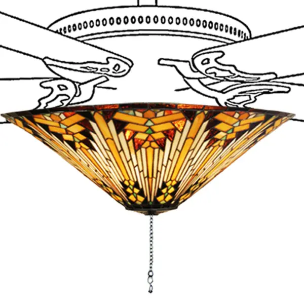 Warm earth toned Bone Beige and Moccasin Tan stained glass; accented with glistening Root Brown and Sage Green; is used to make this intricate interlocking patterned shade. Like gazing out your window across the warm desert at sunset; interlocking tiles of Sand tone Beige glows behind the sun glistened Orange; Amber Green and Brown rays. The stunning shade is created using the famous Meyda Tiffany copperfoil construction method and can be paired with a standard ceiling fan. Overall height of the fixture ranges from 8 to 10 inches. Fan not included. The Nuevo Mission Fan Light Fixture is included in our American designed; handcrafted Stained Glass Lighting Collection. UL and cUL listed for dry and damp locations. Each fixture is a unique work of art with color variations based on natural ingredients inherent in the glass.