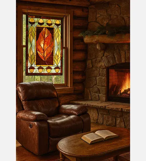 This hand crafted Meyda Tiffany original earth toned stained glass window features a Russet Leaf surrounded by Honey Gold; Rich Browns and Verdant Grass Green with nature inspired acorn and leaves borders. A solid brass hanging chain and brackets are included. - alternate view