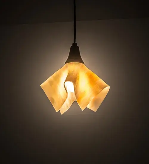 American craftsmanship is combined with European artistry which results in fashion forward mini pendant. A cool decorative lighting design is achieved by kiln firing glass into a unique draped glass pendant. This Beige Handkerchief styled shade is complemented with Solid Brass hardware in a Craftsman Brown finish. Illuminate a table with this pendant or align the pendant in multiples across an island; bar; table or counter in residential and commercial settings. Custom styles; colors and sizes are available; as well as dimmable energy efficient lamping options such as LED. This 10-inch wide pendant is UL and cUL listed for damp and dry locations.