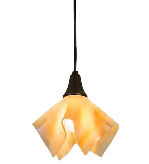 American craftsmanship is combined with European artistry which results in fashion forward mini pendant. A cool decorative lighting design is achieved by kiln firing glass into a unique draped glass pendant. This Beige Handkerchief styled shade is complemented with Solid Brass hardware in a Craftsman Brown finish. Illuminate a table with this pendant or align the pendant in multiples across an island; bar; table or counter in residential and commercial settings. Custom styles; colors and sizes are available; as well as dimmable energy efficient lamping options such as LED. This 10-inch wide pendant is UL and cUL listed for damp and dry locations. - alternate view