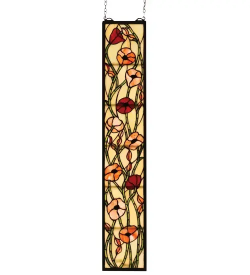 Reminiscent of a windswept garden on a warm summer day; this Poppy stained glass window will lighten up any room. Colorful petals of Yellow; Orange and Red with Green stems and Leaves on a Beige background; this window shouts happiness and laughter. This charming window was created using Meyda Tiffany's famous copperfoil construction process. This work of art is featured in a solid Antique Brass frame and includes mounting brackets and hanging chain. If you really want to bring the warm days of summer into your house all year round; pair a few of these as sidelight windows; using model 144583 as the Transom Window for a stunning door surround that will be sure to attract attention.