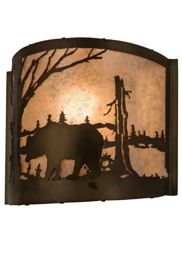 The call of the wild comes to light with a majestic Bear roaming around the woodland lake. Beautiful ambient light shines through the Silver Mica lens while the fixture is enhanced with accents and hardware featured in an Antique Copper finish. The ADA-compliant wall sconce can be installed in dining rooms and entryways in residential; hospitality; and commercial spaces. The Bear at Lake Wall Sconce is featured in our American-made; American-designed; handcrafted Wildlife Lighting Collection. This fixture is manufactured in Yorkville; New York. It is UL and cUL listed for dry and damp locations. Upstate New York's adventurous playland; known as the Adirondack Mountains; with its many breathtaking forests; lakes; and rivers; is the spiritual birthplace of Meyda and inspires our rustic-themed mica collections.