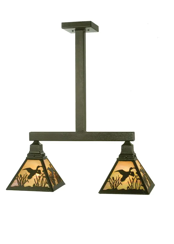 Ducks are captured taking off into flight above marsh reeds. Each of the two shades feature Beige Iridescent Art Glass panels. The two light pendant features a stunning Tarnished Copper finish. Ideal for illuminating kitchen islands; tables and counters. Handcrafted by highly skilled artisans in our 180;000 square foot manufacturing facility in Yorkville; New York. Fixture designs; metal finishes and pendant sizes can be customized to meet your needs. UL and cUL listed for dry and damp locations.
