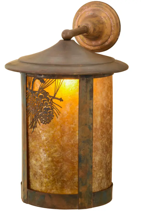 With pinecones delicately etched of Solid Brass, this handsome lantern is designed with stunning Amber Mica and cylindrical shaped hardware finished in Vintage Copper. Perfect for rooms where you want to make a design statement. This Signature Craftsman fixture was handcrafted in the USA. Collection: Fulton Finish: Vintage Copper Glass: Amber Mica Width: 12.00" Height: 19.50" Length: 15.00" Weight: 6.00 lb Extension from Wall: 15.00" Number of Bulbs: 1 Maximum Wattage: 60.00 W Bulb Type: A19 Bulb Base: E26 Material: Brass Country of Origin: USA Safety Listing: Wet Safety Rating: Wet