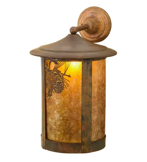 With pinecones delicately etched of Solid Brass, this handsome lantern is designed with stunning Amber Mica and cylindrical shaped hardware finished in Vintage Copper. Perfect for rooms where you want to make a design statement. This Signature Craftsman fixture was handcrafted in the USA. Collection: Fulton Finish: Vintage Copper Glass: Amber Mica Width: 12.00" Height: 19.50" Length: 15.00" Weight: 6.00 lb Extension from Wall: 15.00" Number of Bulbs: 1 Maximum Wattage: 60.00 W Bulb Type: A19 Bulb Base: E26 Material: Brass Country of Origin: USA Safety Listing: Wet Safety Rating: Wet - alternate view