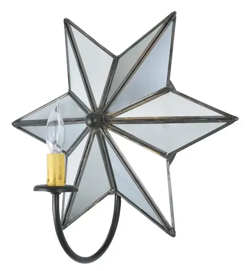 Like wishing upon a magical star; this decorative wall sconce is inspired by starlights originally believed to bring good luck to European homes hundreds of years ago. This unique wall fixture features a Star-styled Mirrored glass shade with a reflective coating illuminated by a White faux candlelight. This stunning shade is complemented with an Oil Rubbed Bronze finish. The Mirrored Star Wall Sconce is included in our American-made; American-designed; handcrafted Moravian Star Collection and manufactured in Yorkville; New York. UL and cUL listed for damp and dry locations.