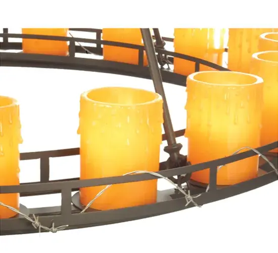 This Barbed Wire Chandelier is designed with a steel ring bordered with Galvanized finished winding barbed wire wrap. The ring encircles 18 Amber resin shades that simulate wax candles. Crafted by the skillful hands of Meyda Tiffany artisans in Yorkville; New York. The fixture is suspended by four rods and its hardware is hand finished in Wrought Iron. - alternate view