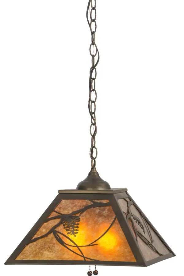Listen closely. You can almost hear the soft whisper of the pine branches as they dance in the wind. Enjoy the warm ambiance of soft beautiful light diffused through this rustic pendant shade's Amber Mica panels featuring stunning pinecone and pine branch designs. Complemented with a handsome Antique Copper finish and handcrafted by Meyda Artisans in Yorkville, New York at the foothills of the Adirondack Mountains. Create the design, colors, and the size and style of your choice. Energy efficient lamping options available. Collection: Whispering Pines Finish: Antique Copper Glass: Amber Mica Width: 22.00" Height: 15.00" Length: 16.00" Weight: 6.50 lb Number of Bulbs: 2 Maximum Wattage: 60.00 W Bulb Type: A19 Bulb Base: E26 Material: Steel Country of Origin: USA Safety Listing: Damp Safety Rating: Damp