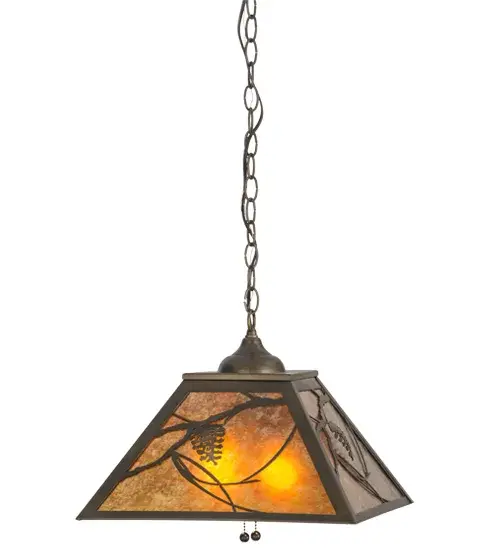 Listen closely. You can almost hear the soft whisper of the pine branches as they dance in the wind. Enjoy the warm ambiance of soft beautiful light diffused through this rustic pendant shade's Amber Mica panels featuring stunning pinecone and pine branch designs. Complemented with a handsome Antique Copper finish and handcrafted by Meyda Artisans in Yorkville, New York at the foothills of the Adirondack Mountains. Create the design, colors, and the size and style of your choice. Energy efficient lamping options available. Collection: Whispering Pines Finish: Antique Copper Glass: Amber Mica Width: 22.00" Height: 15.00" Length: 16.00" Weight: 6.50 lb Number of Bulbs: 2 Maximum Wattage: 60.00 W Bulb Type: A19 Bulb Base: E26 Material: Steel Country of Origin: USA Safety Listing: Damp Safety Rating: Damp - alternate view