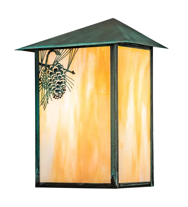 A Winter Pinecone with Pine Needles delicately etched of Solid Brass. Rustic charm comes alive with soft ambient light projected through a stunning Beige Iridescent Glass diffuser. The wall sconce is complemented with a Craftsman Verdigris finished hardware on this nature inspired fixture. This Craftsman Signature fixture is ideal for both exterior and interior lighting applications. Handcrafted in our 180,000 square foot manufacturing facility in Yorkville, New York. Diffuser colors, metal finishes and fixture sizes can be customized to your needs. UL and cUL listed for dry, damp and wet locations. Collection: Seneca Finish: Craftsman Verdi Glass: Beige Iridescent Width: 12.00" Height: 16.00" Length: 7.50" Weight: 7.50 lb Extension from Wall: 7.50" Number of Bulbs: 1 Maximum Wattage: 60.00 W Bulb Type: A19 Bulb Base: E26 Material: Brass Country of Origin: USA Safety Listing: Wet Safety Rating: Wet