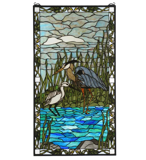 23"W X 42"H Blue Heron & Snowy Egret Stained Glass Window